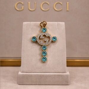 Gucci stamped Gold and Blue Crystal Pendant/ charm/ zipper pull